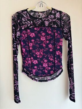 Free People Long Sleeve Floral Mesh Top - Pink on Black. Never worn.